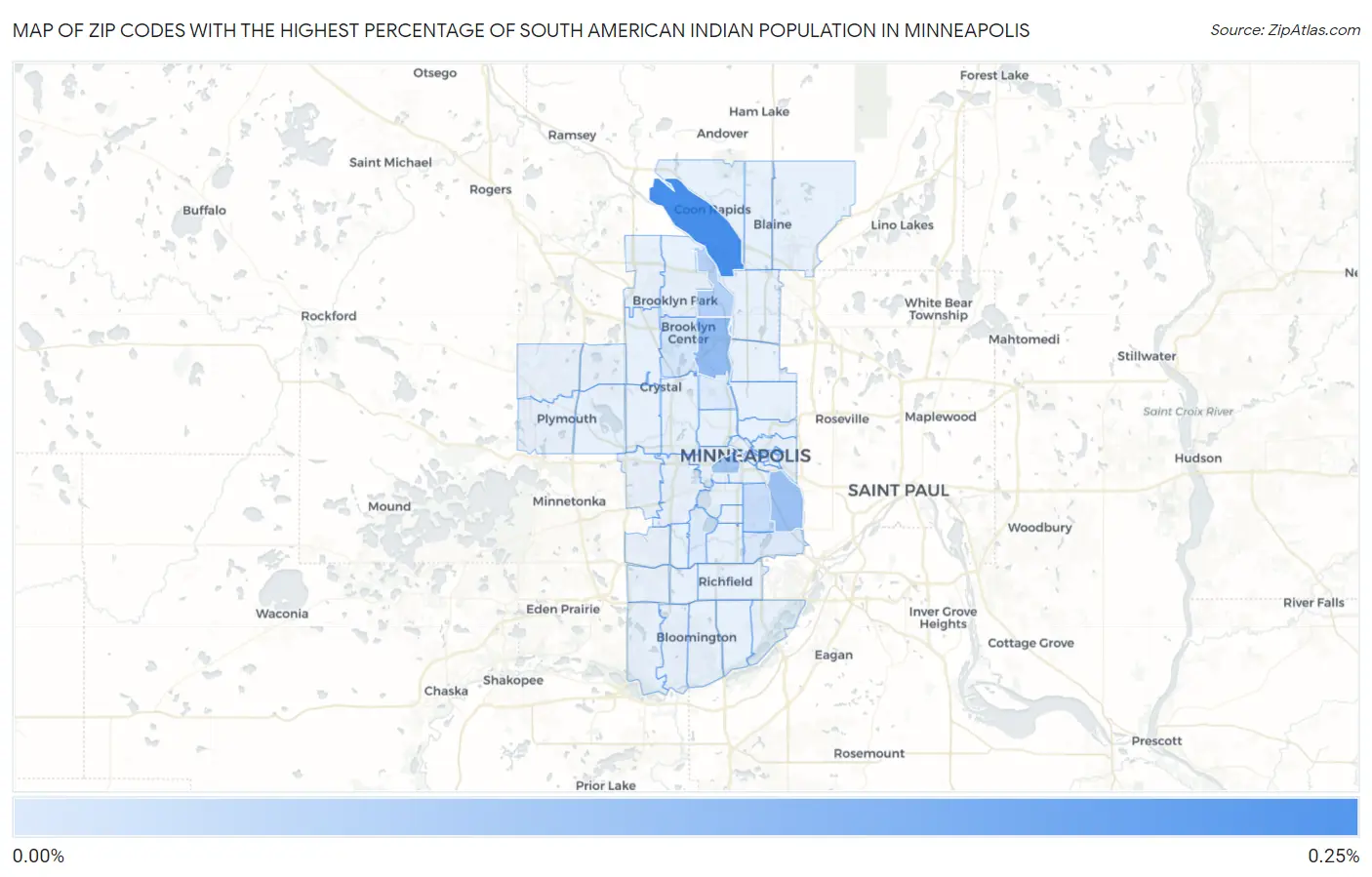 Zip Codes with the Highest Percentage of South American Indian Population in Minneapolis Map