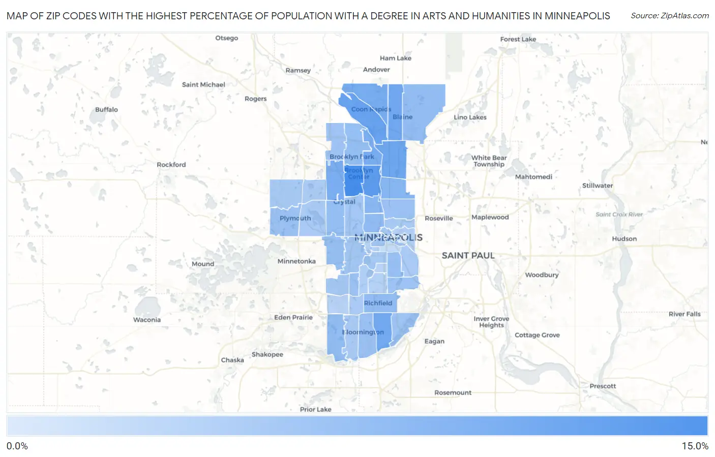 Zip Codes with the Highest Percentage of Population with a Degree in Arts and Humanities in Minneapolis Map