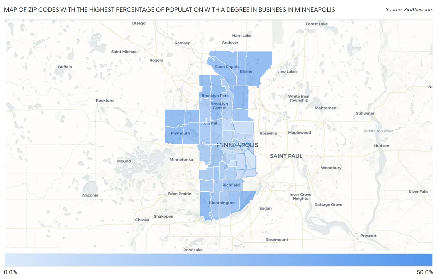 Zip Codes with the Highest Percentage of Population with a Degree in Business in Minneapolis Map