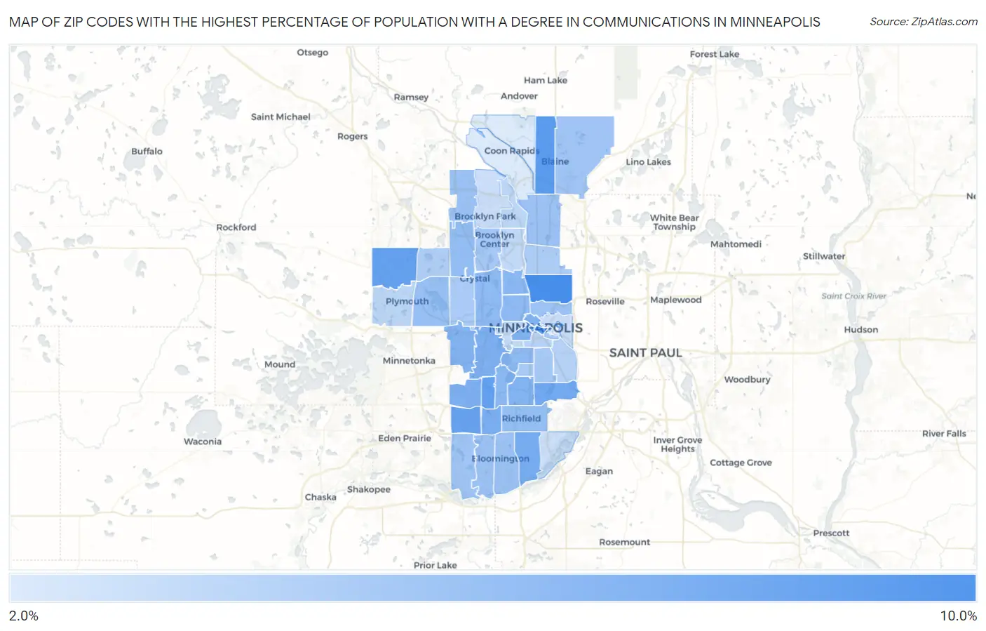 Zip Codes with the Highest Percentage of Population with a Degree in Communications in Minneapolis Map