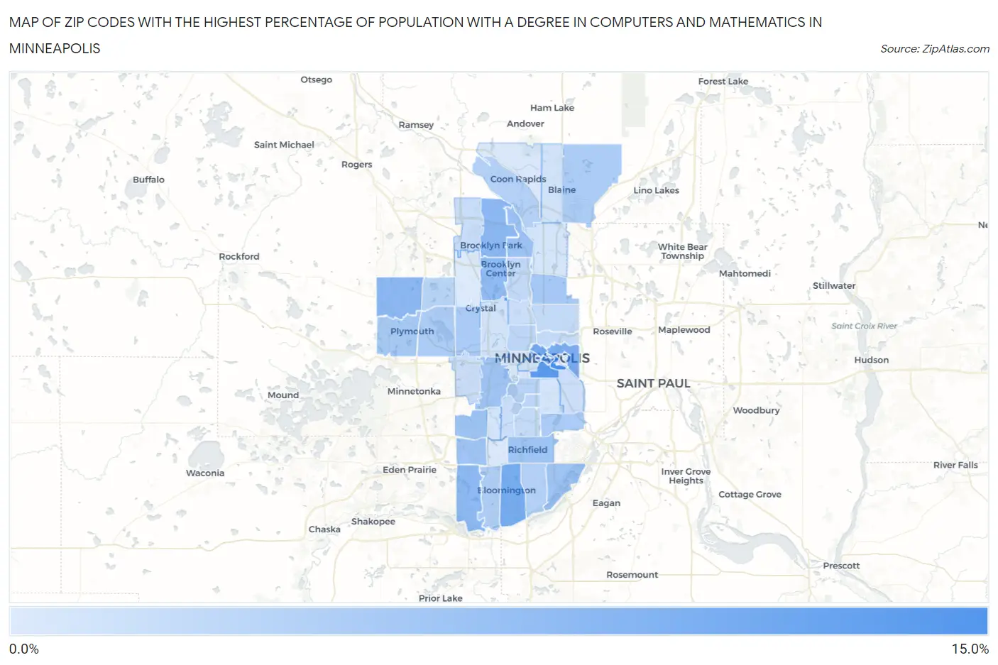 Zip Codes with the Highest Percentage of Population with a Degree in Computers and Mathematics in Minneapolis Map