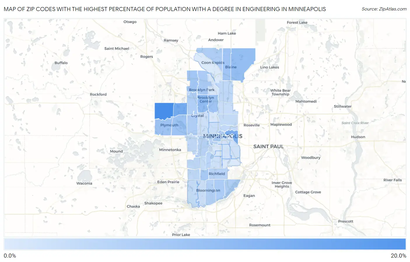 Zip Codes with the Highest Percentage of Population with a Degree in Engineering in Minneapolis Map