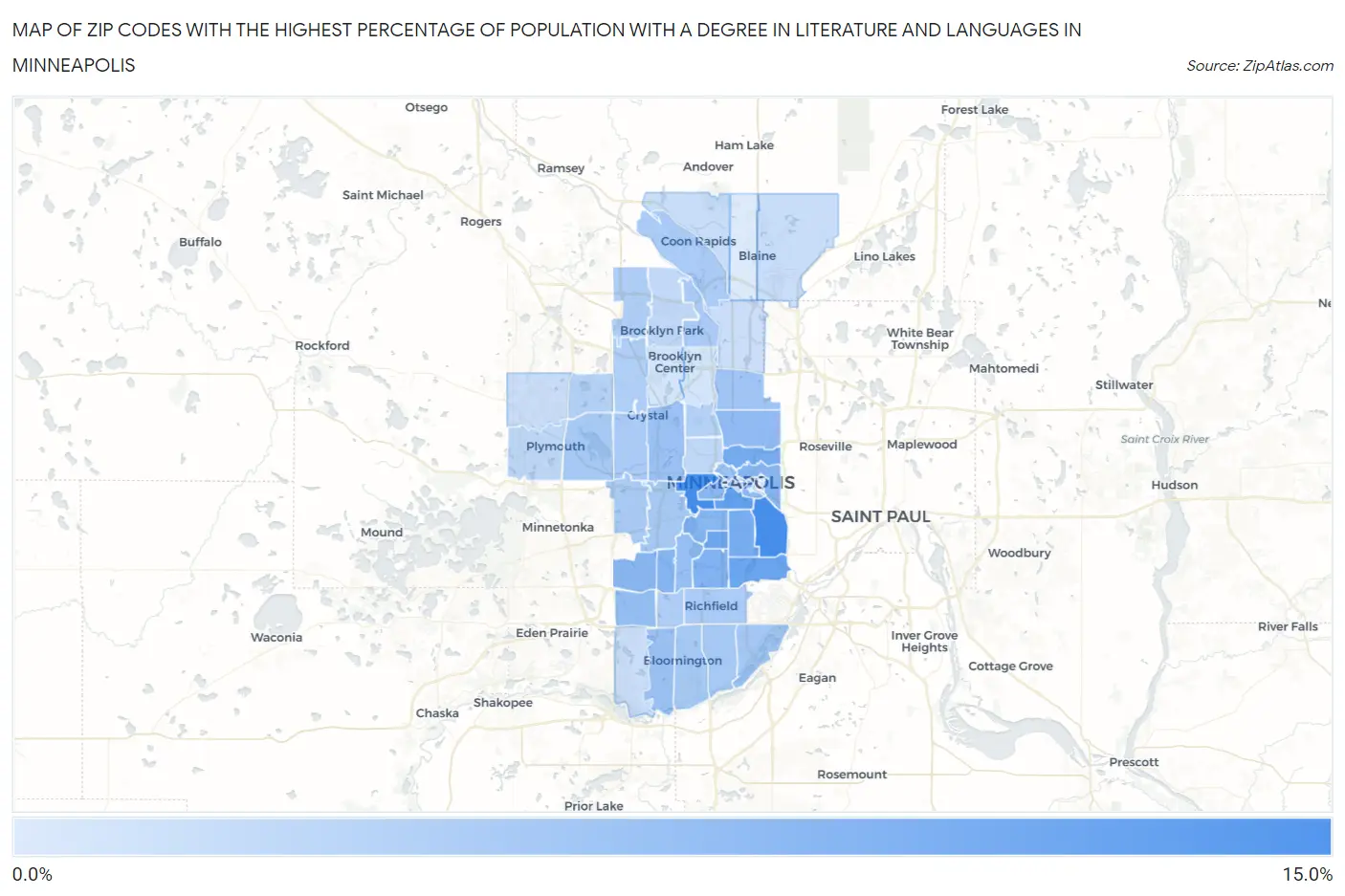 Zip Codes with the Highest Percentage of Population with a Degree in Literature and Languages in Minneapolis Map