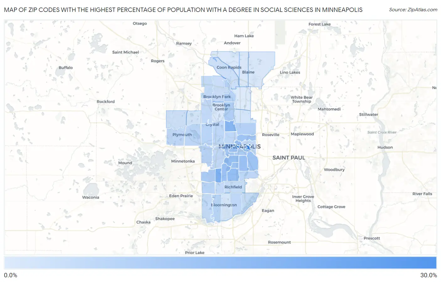 Zip Codes with the Highest Percentage of Population with a Degree in Social Sciences in Minneapolis Map