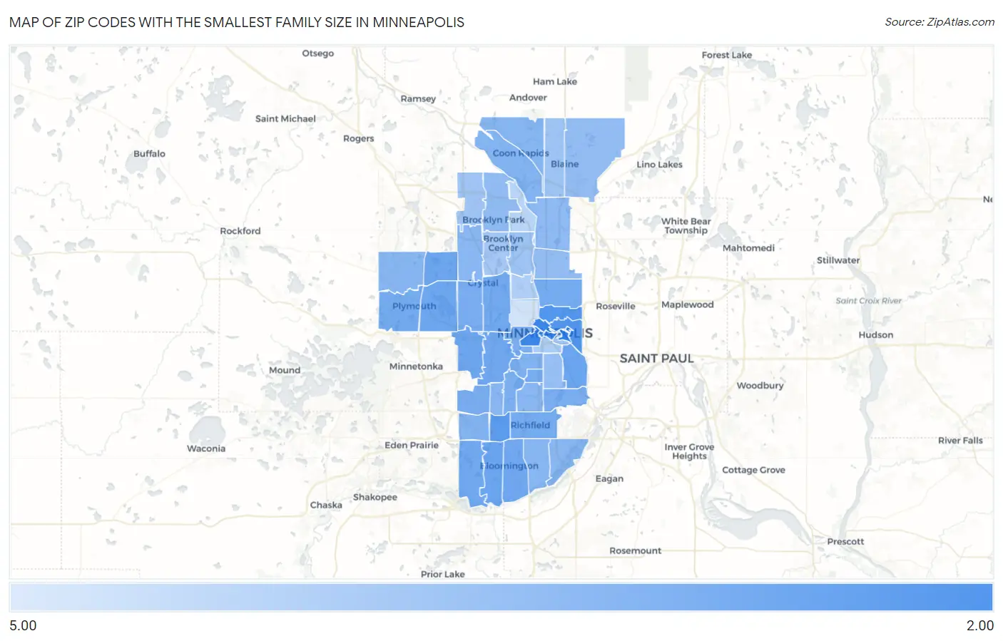 Zip Codes with the Smallest Family Size in Minneapolis Map