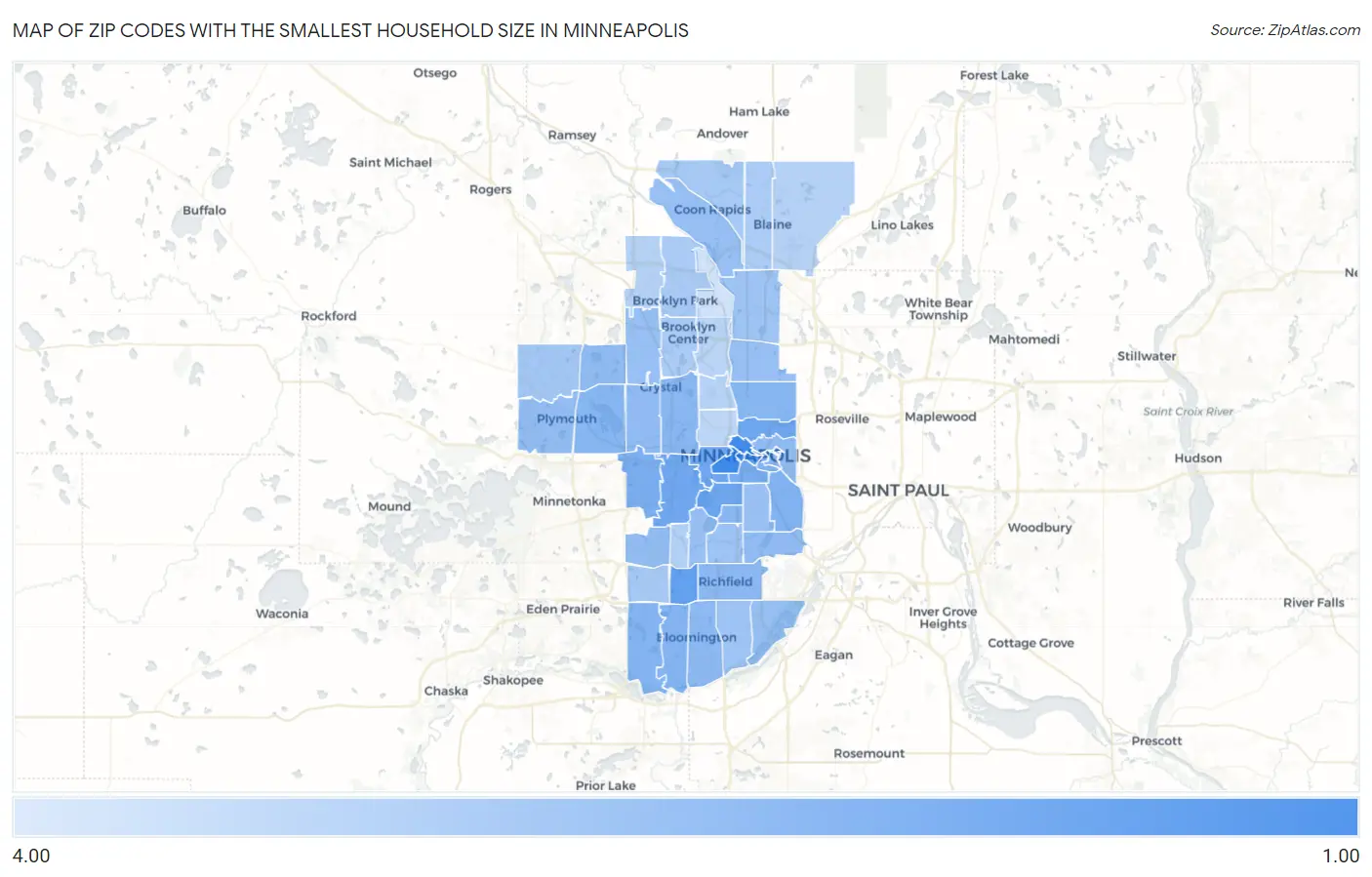 Zip Codes with the Smallest Household Size in Minneapolis Map