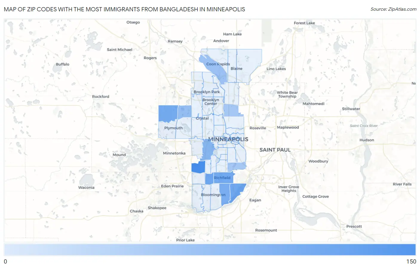 Zip Codes with the Most Immigrants from Bangladesh in Minneapolis Map