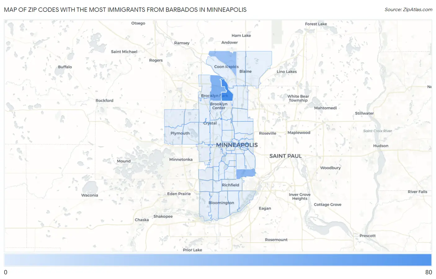 Zip Codes with the Most Immigrants from Barbados in Minneapolis Map