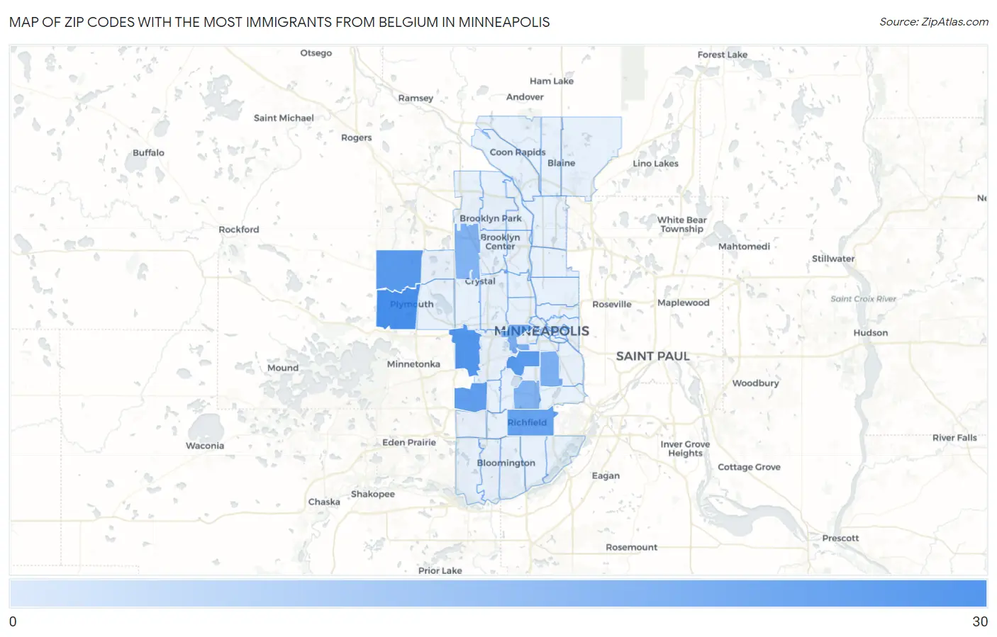Zip Codes with the Most Immigrants from Belgium in Minneapolis Map