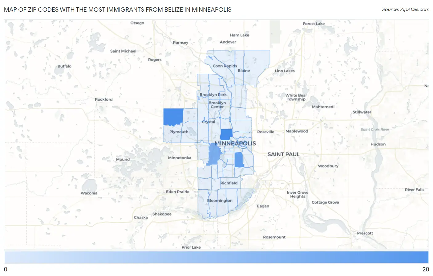 Zip Codes with the Most Immigrants from Belize in Minneapolis Map