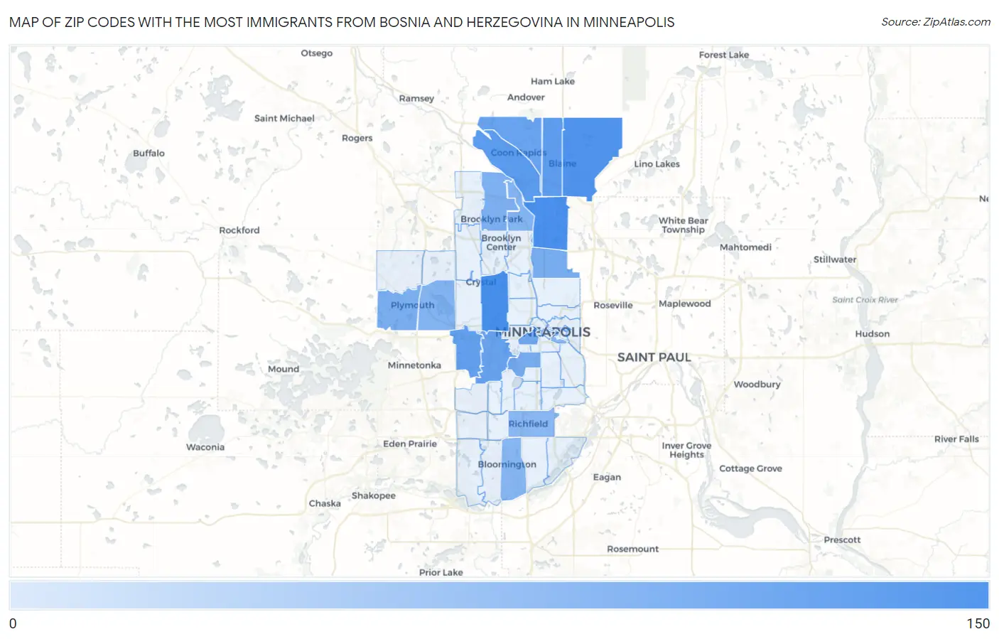 Zip Codes with the Most Immigrants from Bosnia and Herzegovina in Minneapolis Map