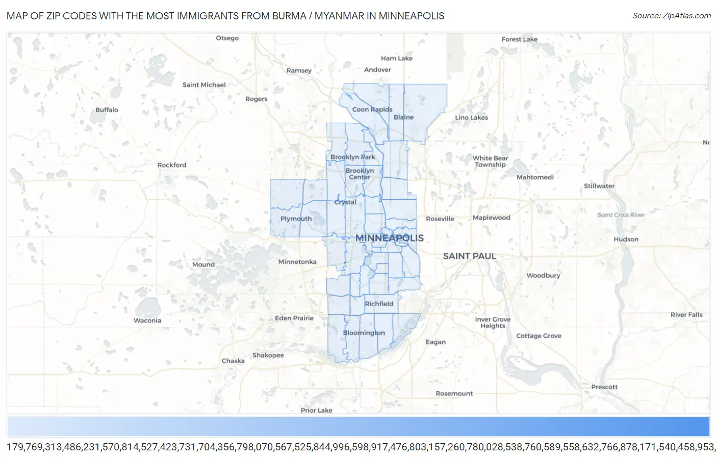 Zip Codes with the Most Immigrants from Burma / Myanmar in Minneapolis Map