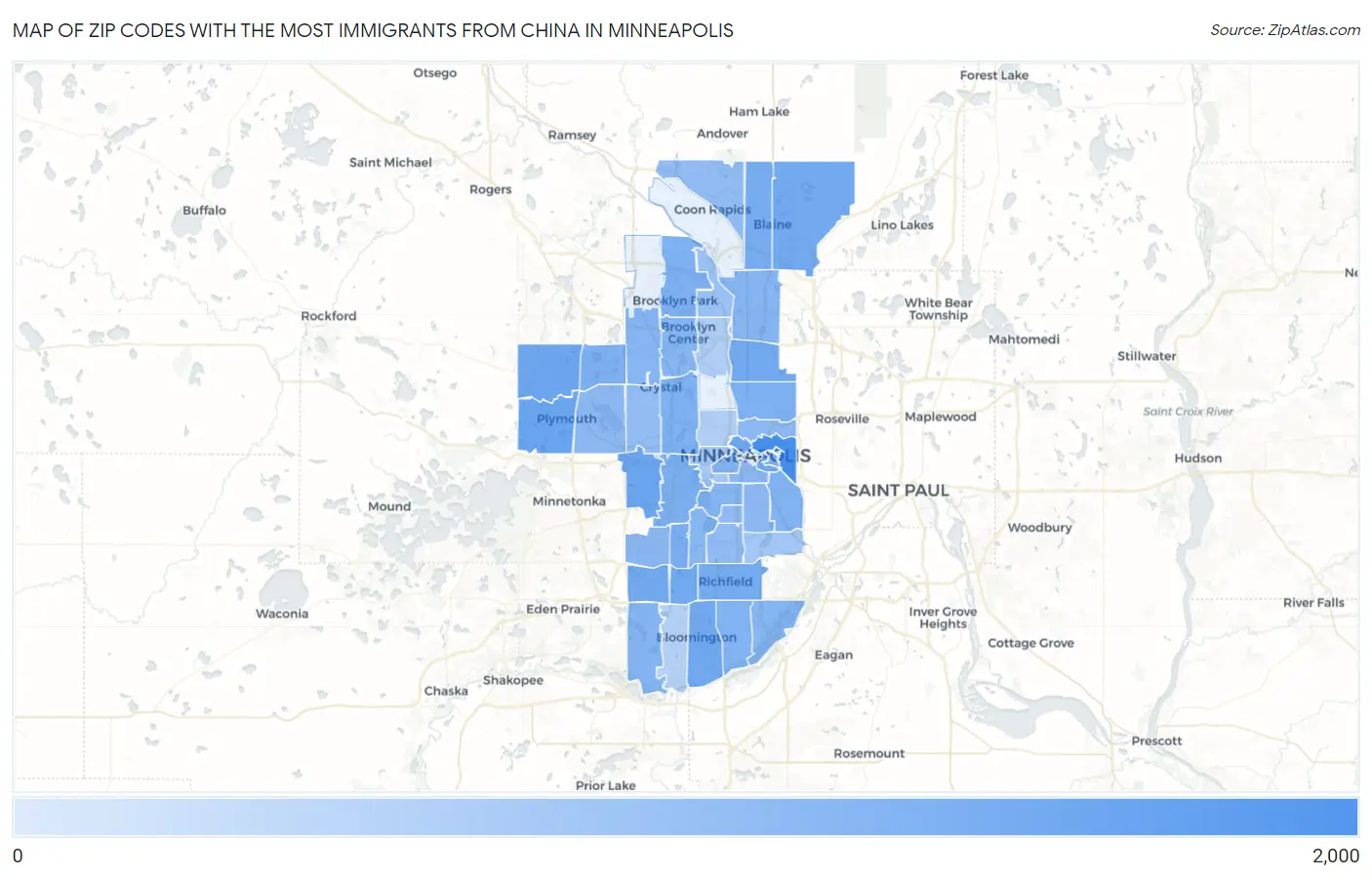 Zip Codes with the Most Immigrants from China in Minneapolis Map