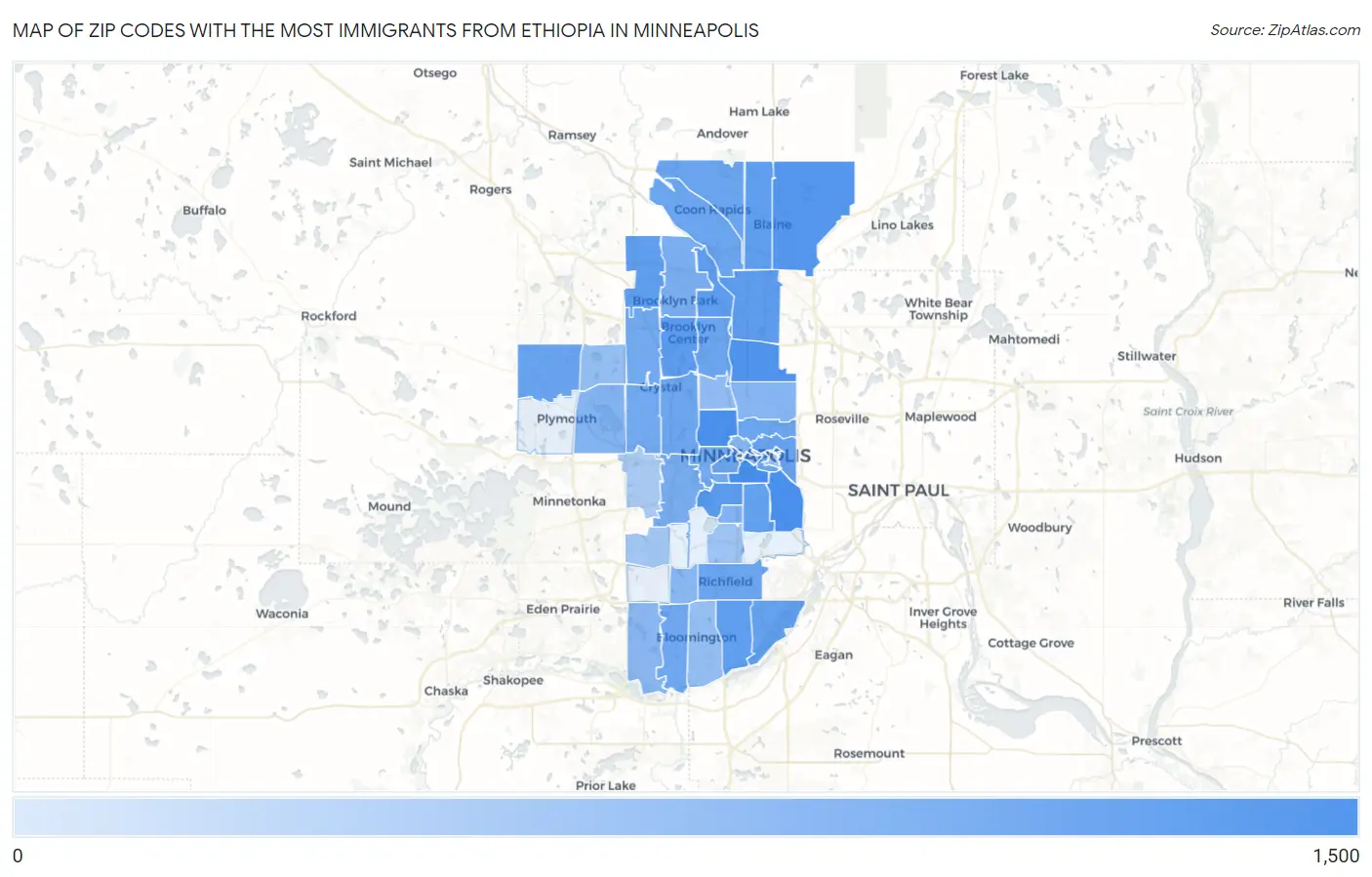 Zip Codes with the Most Immigrants from Ethiopia in Minneapolis Map