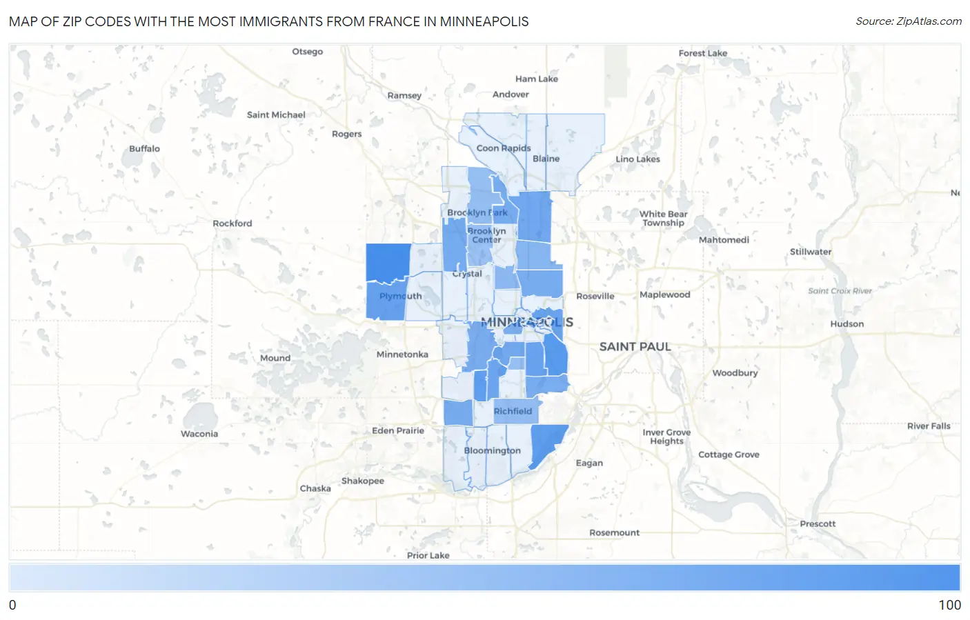 Zip Codes with the Most Immigrants from France in Minneapolis Map