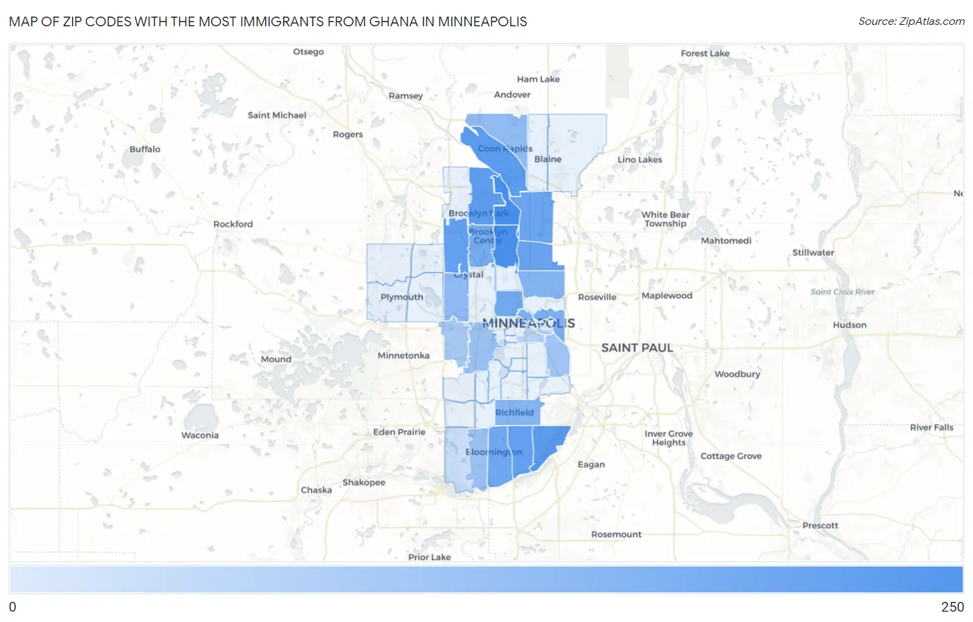 Zip Codes with the Most Immigrants from Ghana in Minneapolis Map