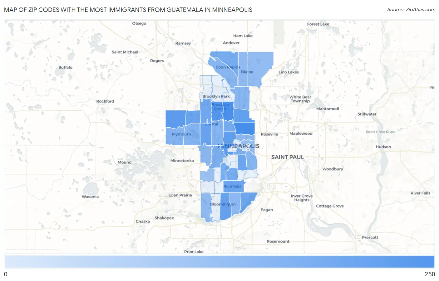 Zip Codes with the Most Immigrants from Guatemala in Minneapolis Map