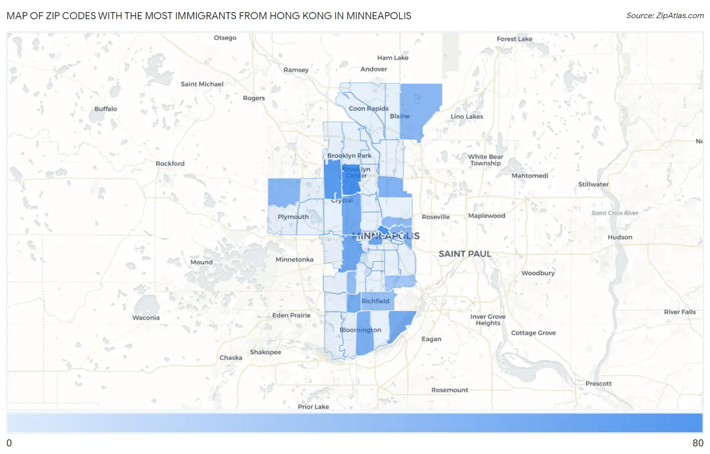Zip Codes with the Most Immigrants from Hong Kong in Minneapolis Map