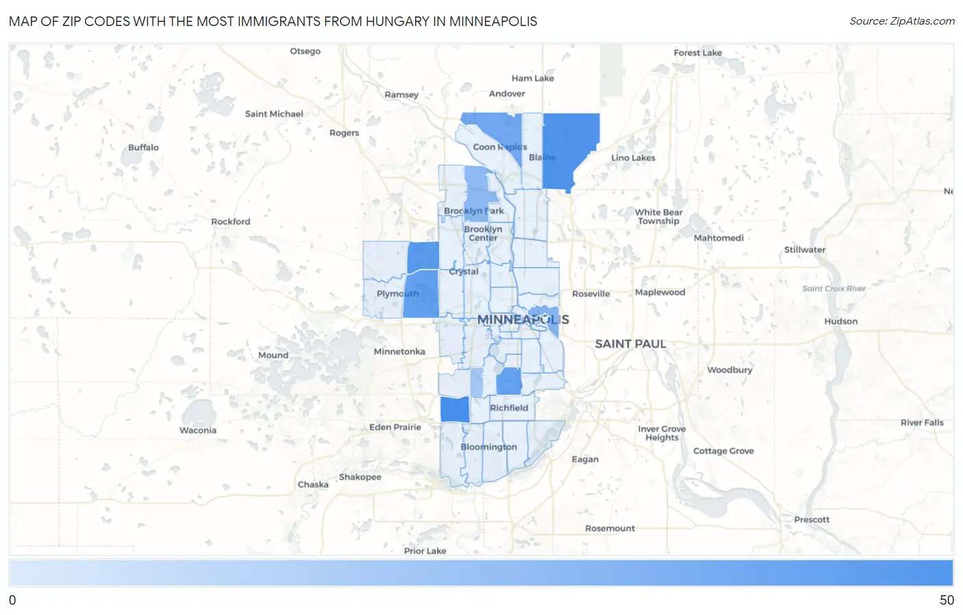 Zip Codes with the Most Immigrants from Hungary in Minneapolis Map