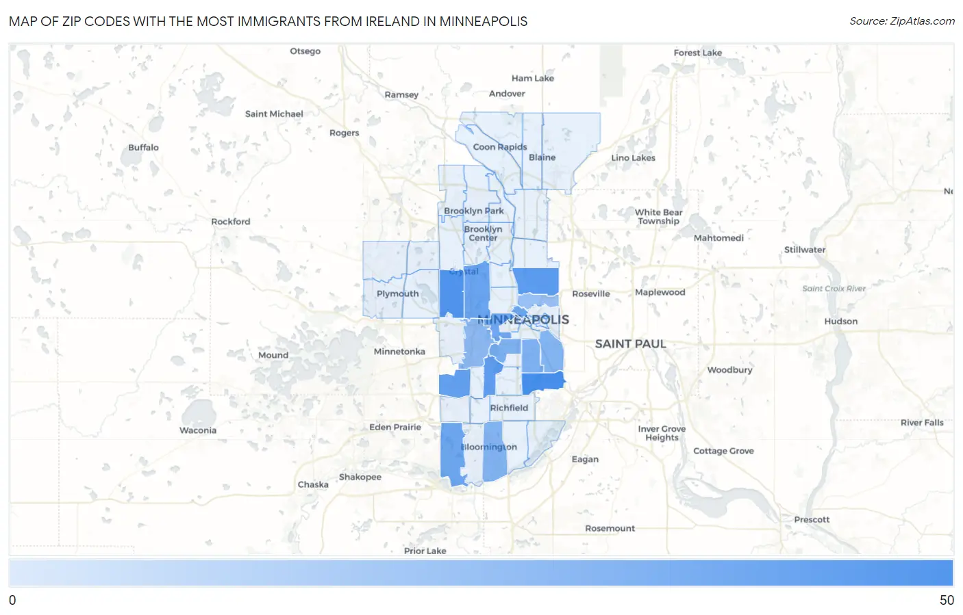 Zip Codes with the Most Immigrants from Ireland in Minneapolis Map