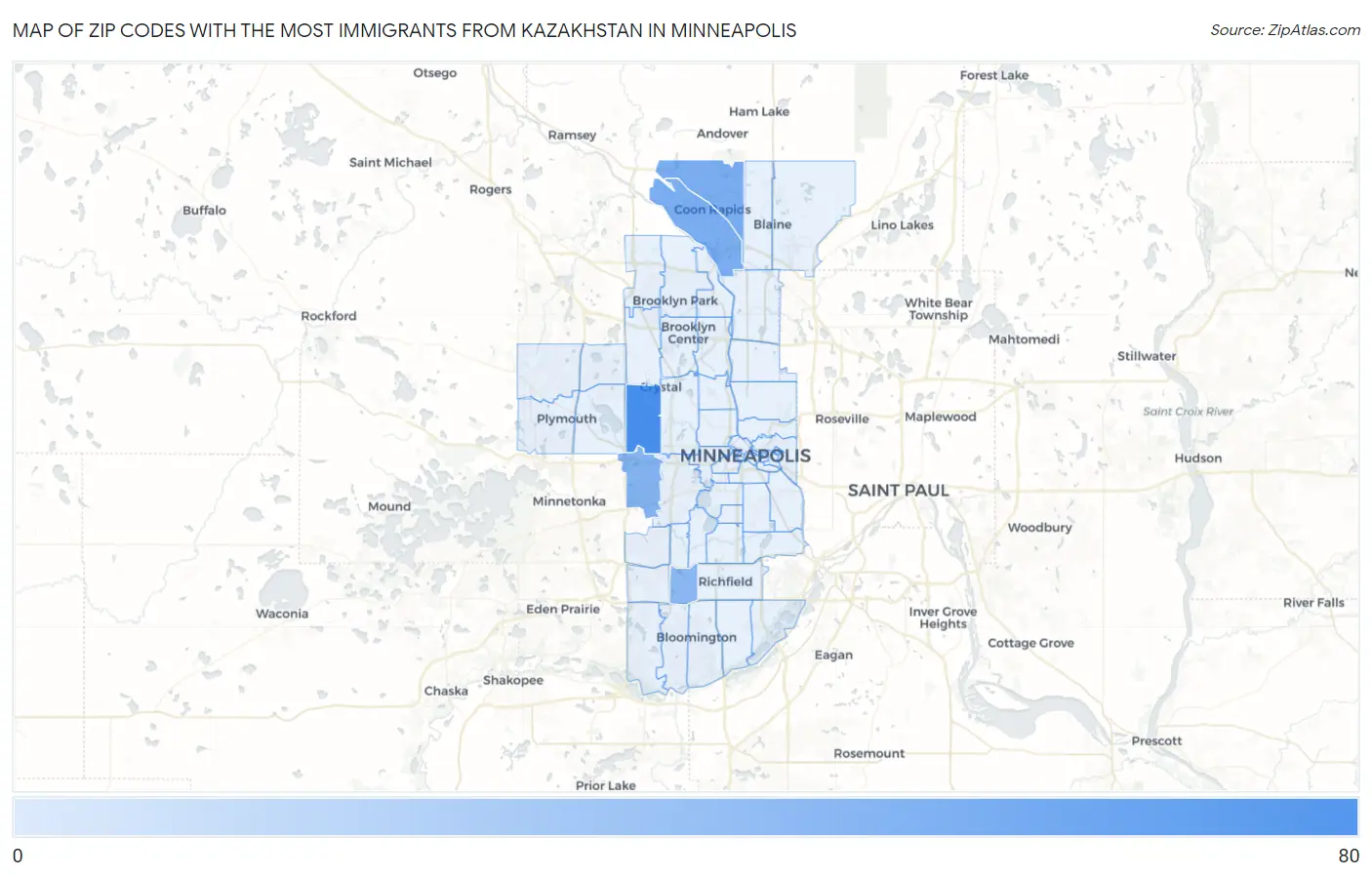 Zip Codes with the Most Immigrants from Kazakhstan in Minneapolis Map
