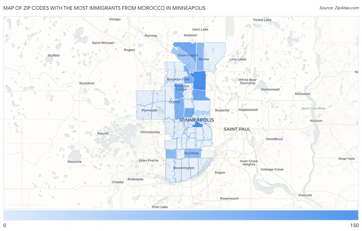 Zip Codes with the Most Immigrants from Morocco in Minneapolis Map