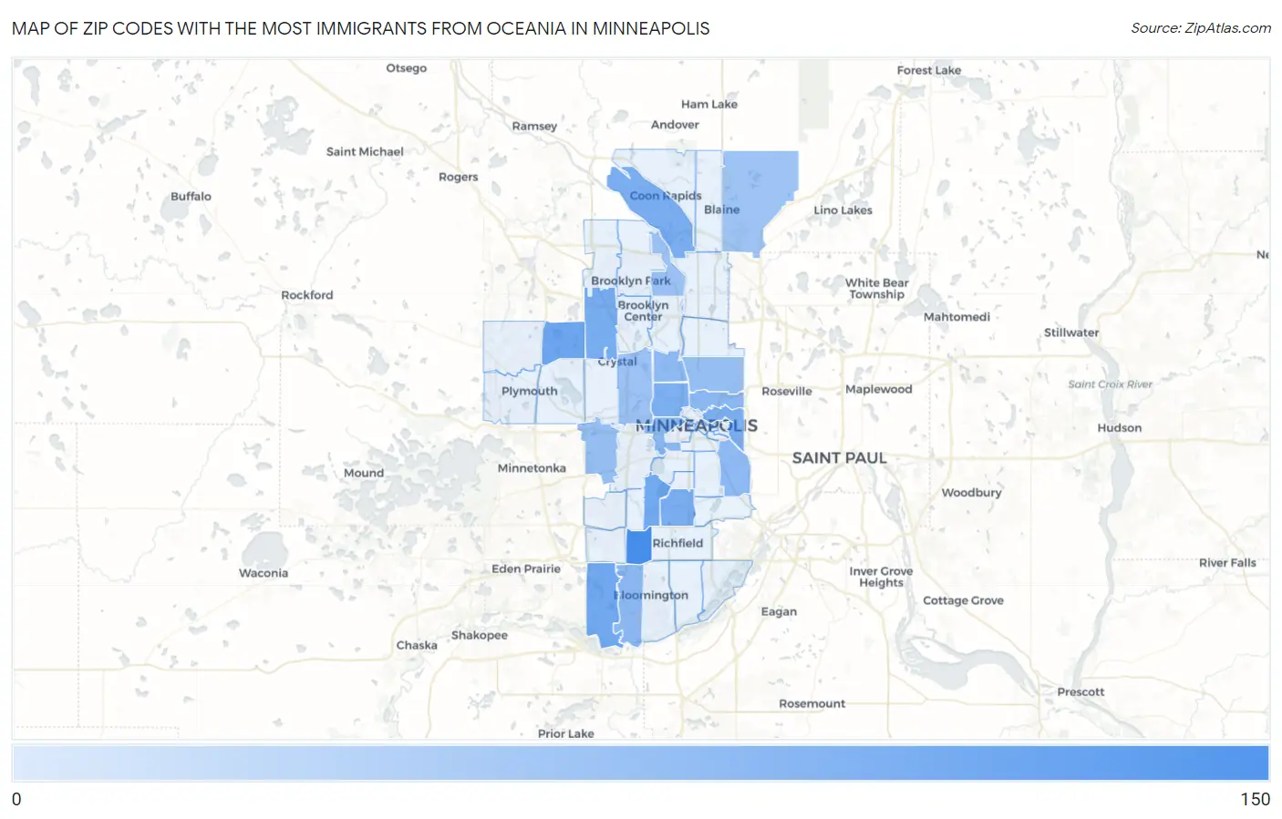 Zip Codes with the Most Immigrants from Oceania in Minneapolis Map