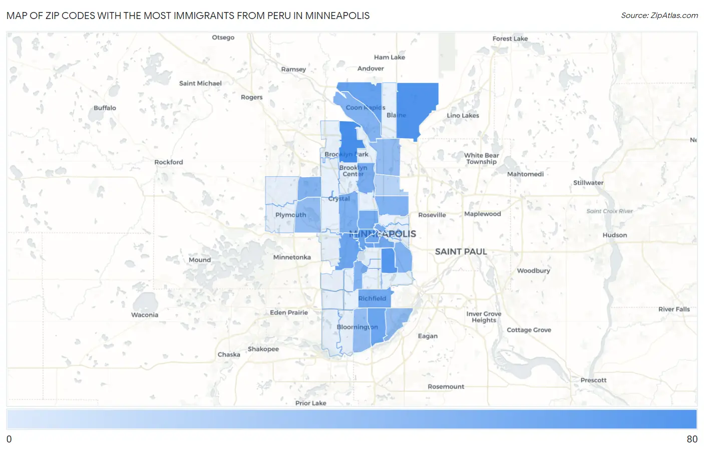 Zip Codes with the Most Immigrants from Peru in Minneapolis Map