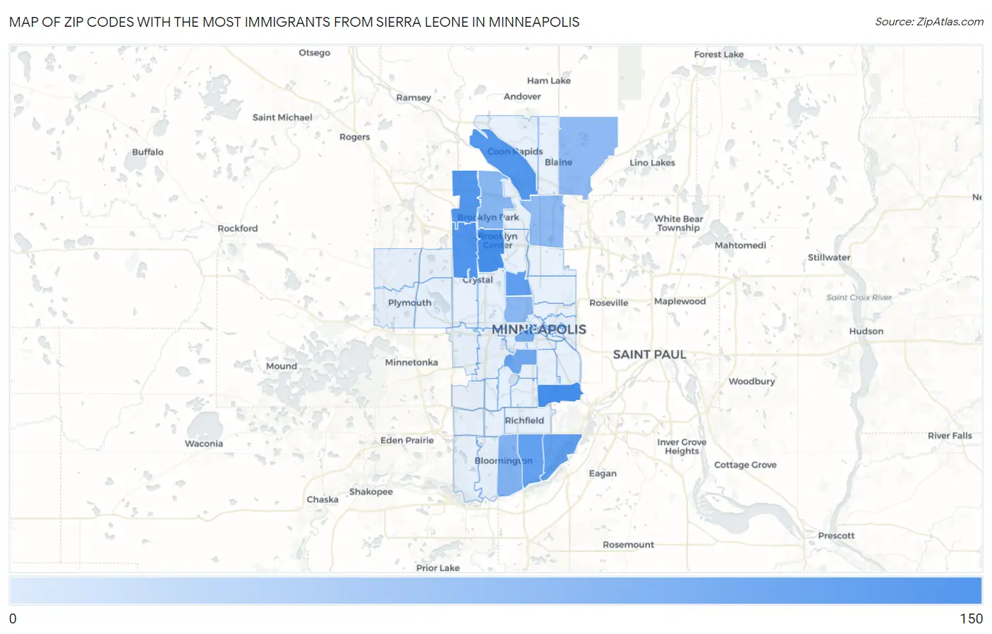 Zip Codes with the Most Immigrants from Sierra Leone in Minneapolis Map