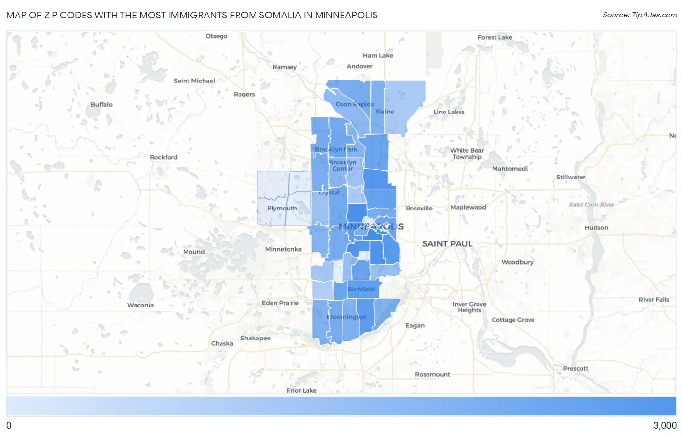 Zip Codes with the Most Immigrants from Somalia in Minneapolis Map