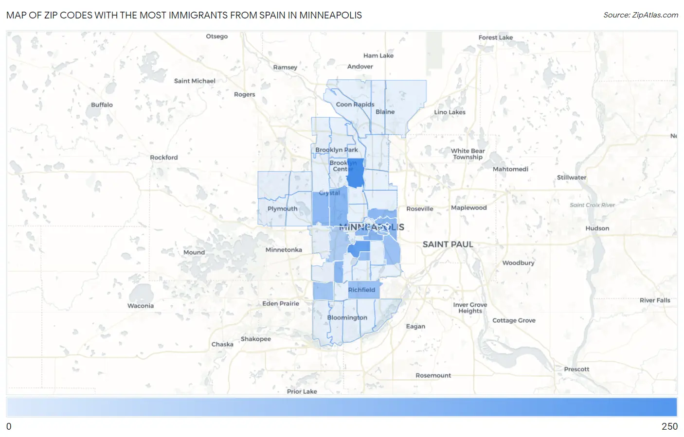 Zip Codes with the Most Immigrants from Spain in Minneapolis Map