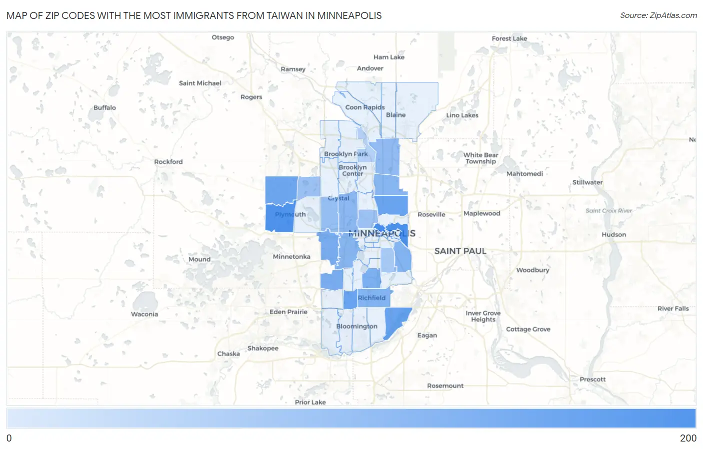 Zip Codes with the Most Immigrants from Taiwan in Minneapolis Map