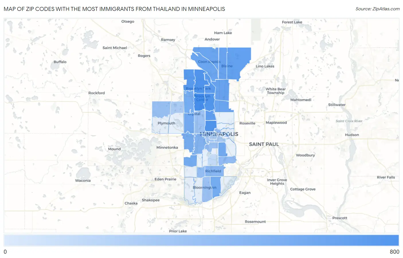 Zip Codes with the Most Immigrants from Thailand in Minneapolis Map