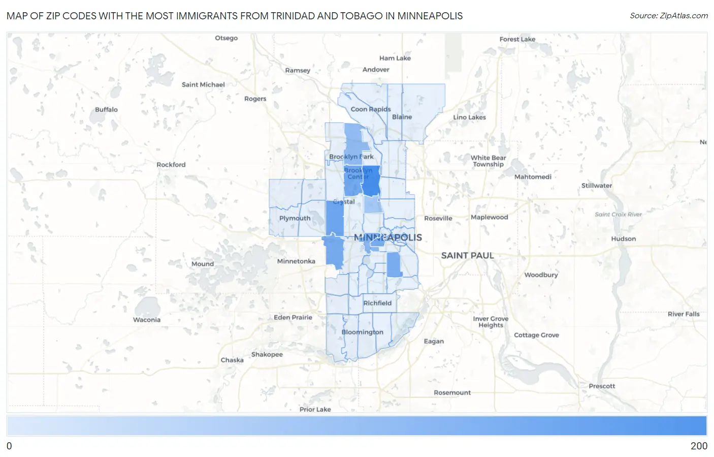 Zip Codes with the Most Immigrants from Trinidad and Tobago in Minneapolis Map