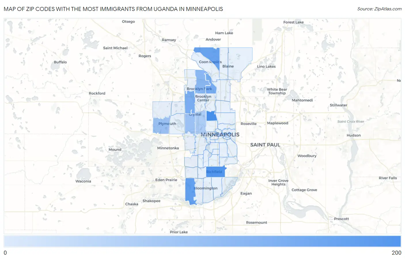 Zip Codes with the Most Immigrants from Uganda in Minneapolis Map