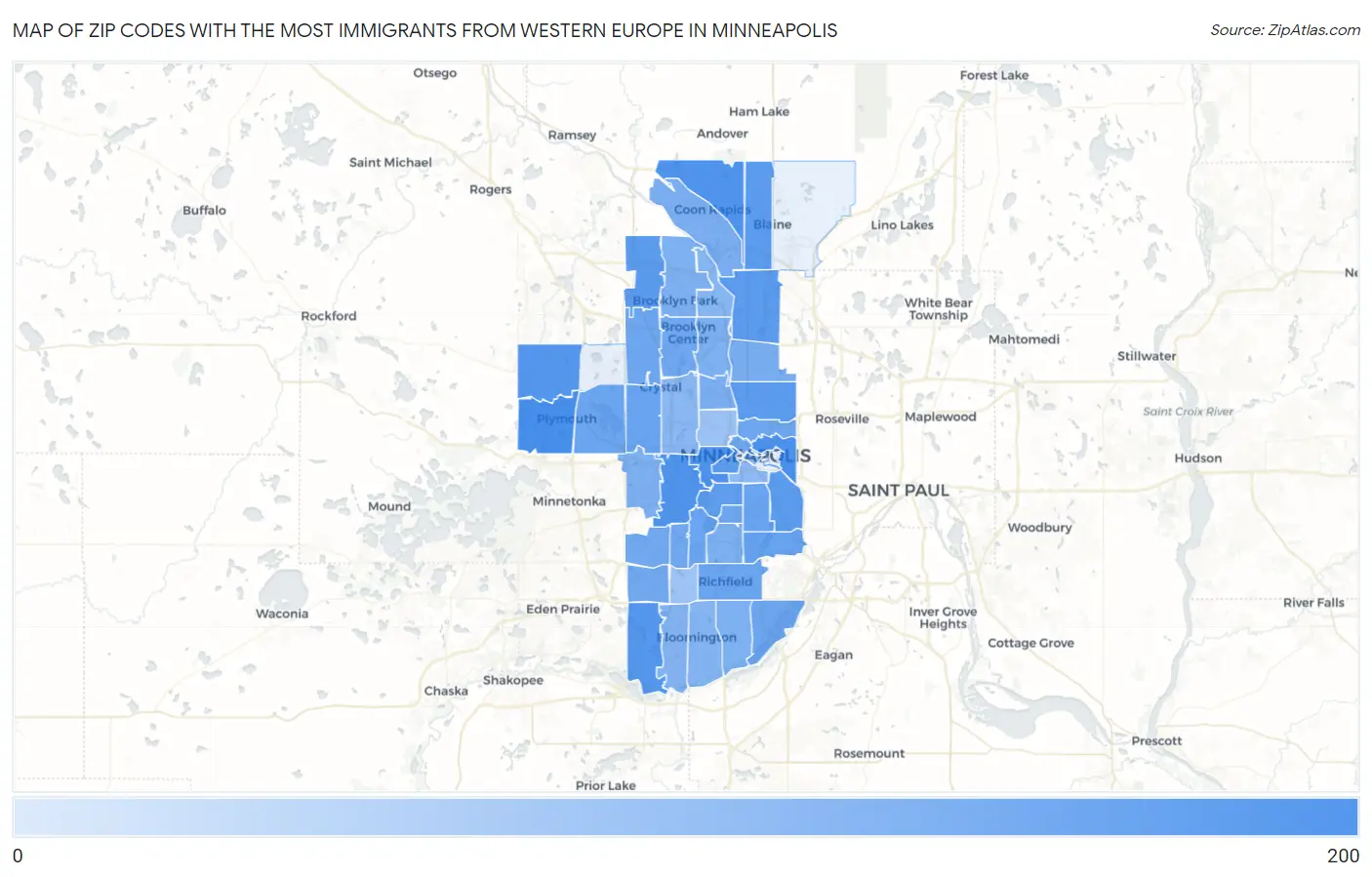 Zip Codes with the Most Immigrants from Western Europe in Minneapolis Map