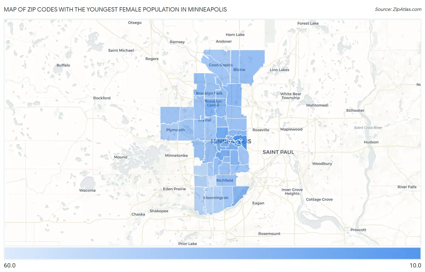 Zip Codes with the Youngest Female Population in Minneapolis Map