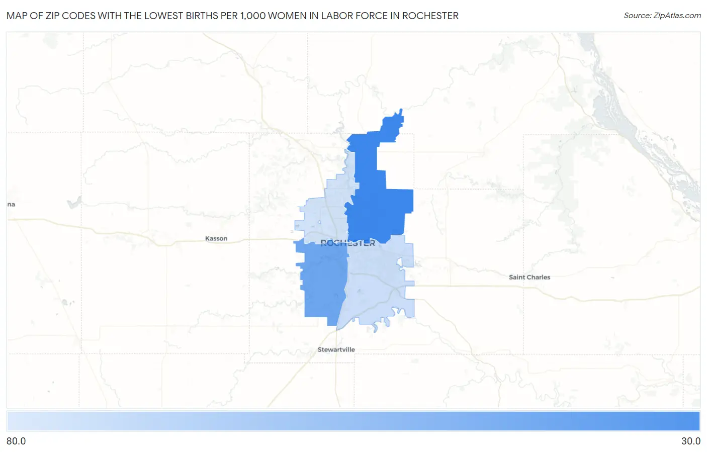 Zip Codes with the Lowest Births per 1,000 Women in Labor Force in Rochester Map