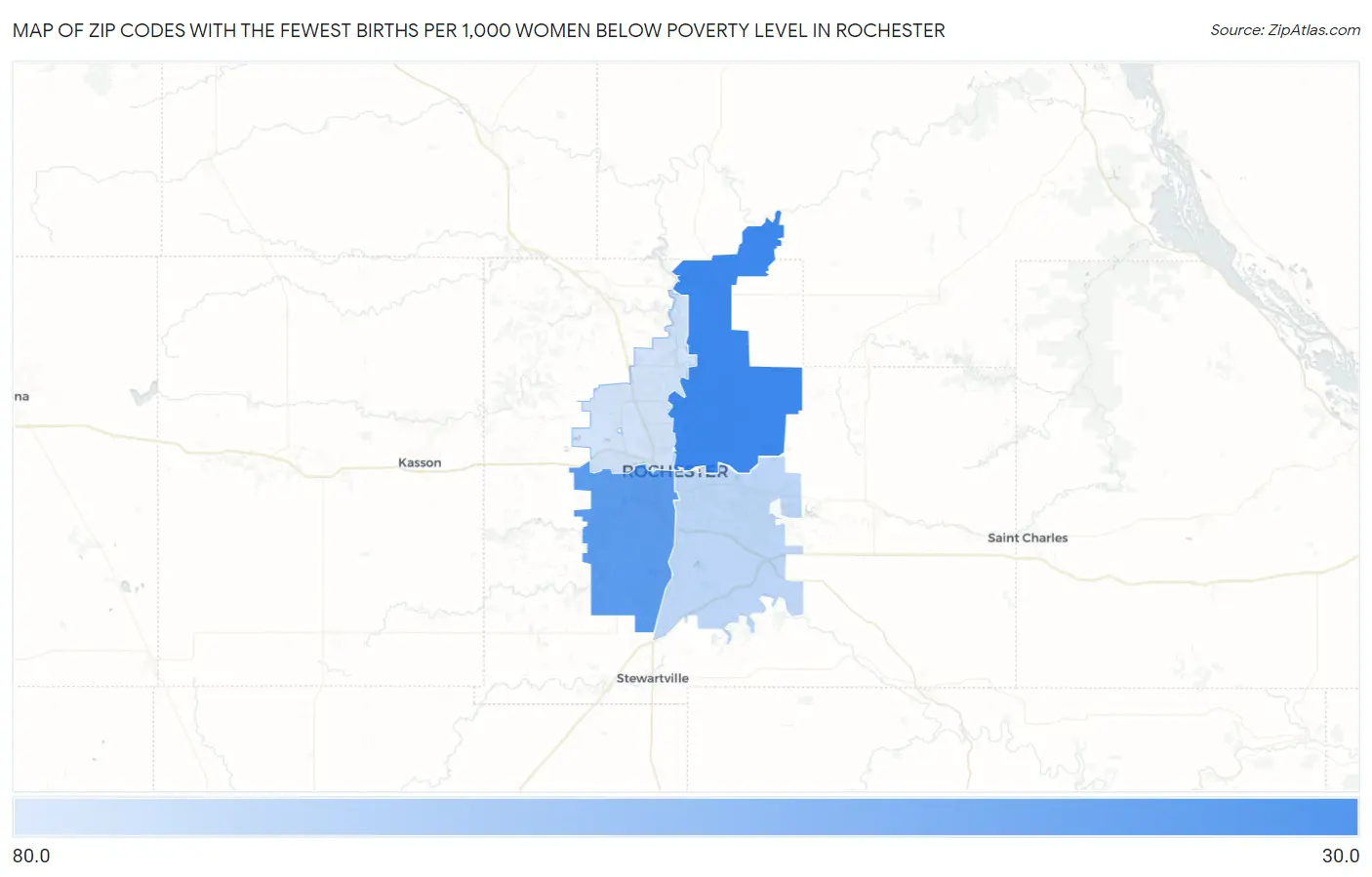 Zip Codes with the Fewest Births per 1,000 Women Below Poverty Level in Rochester Map