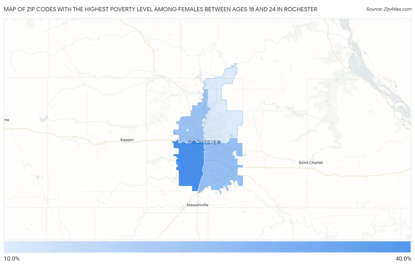 Zip Codes with the Highest Poverty Level Among Females Between Ages 18 and 24 in Rochester Map