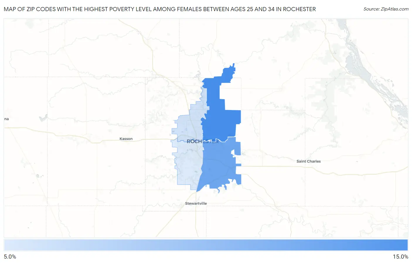 Zip Codes with the Highest Poverty Level Among Females Between Ages 25 and 34 in Rochester Map