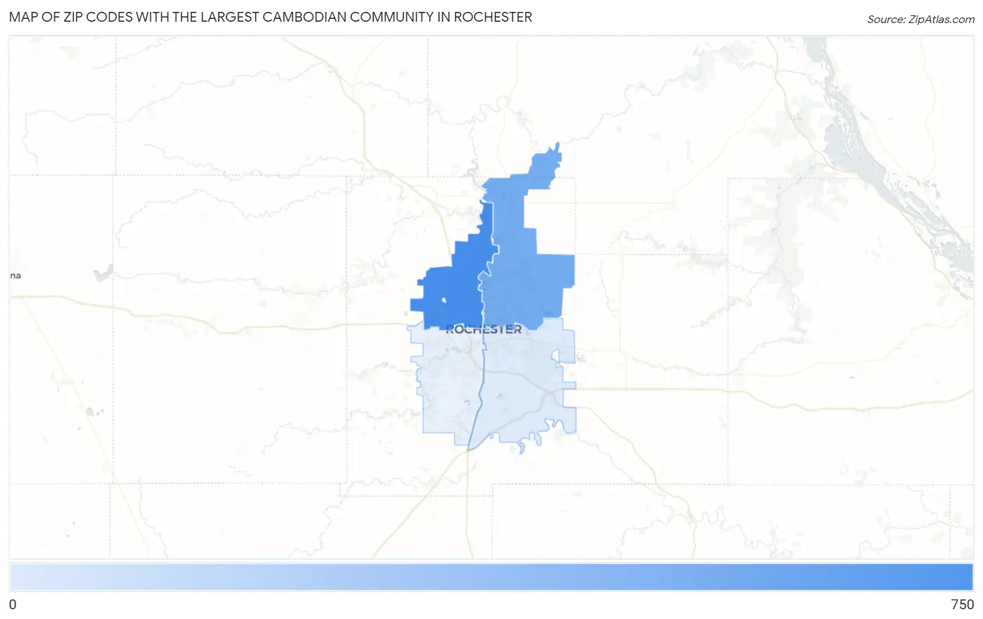Zip Codes with the Largest Cambodian Community in Rochester Map