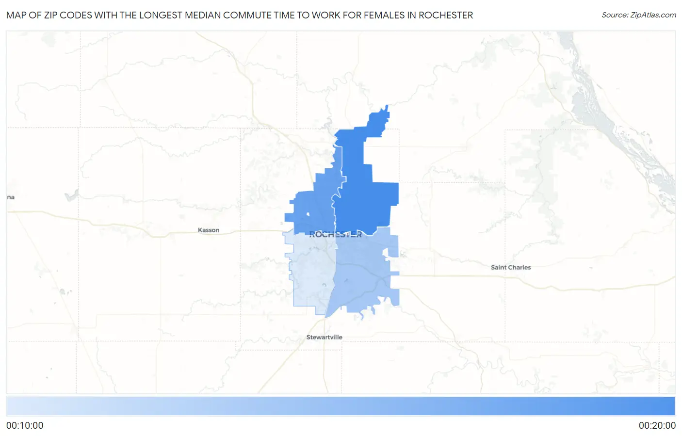 Zip Codes with the Longest Median Commute Time to Work for Females in Rochester Map