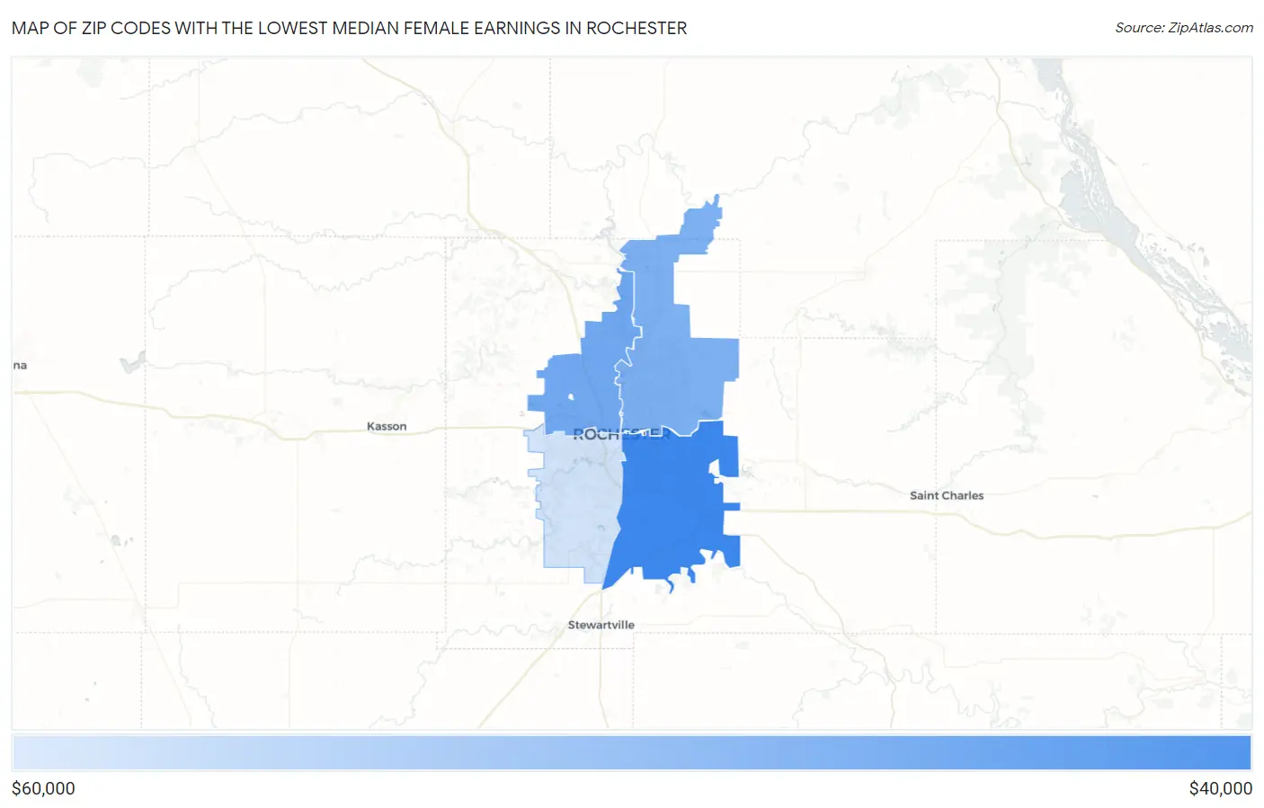 Zip Codes with the Lowest Median Female Earnings in Rochester Map