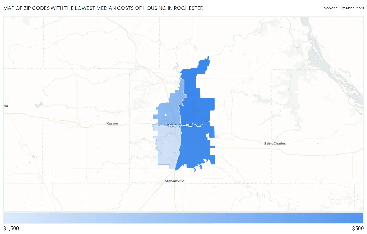 Zip Codes with the Lowest Median Costs of Housing in Rochester Map