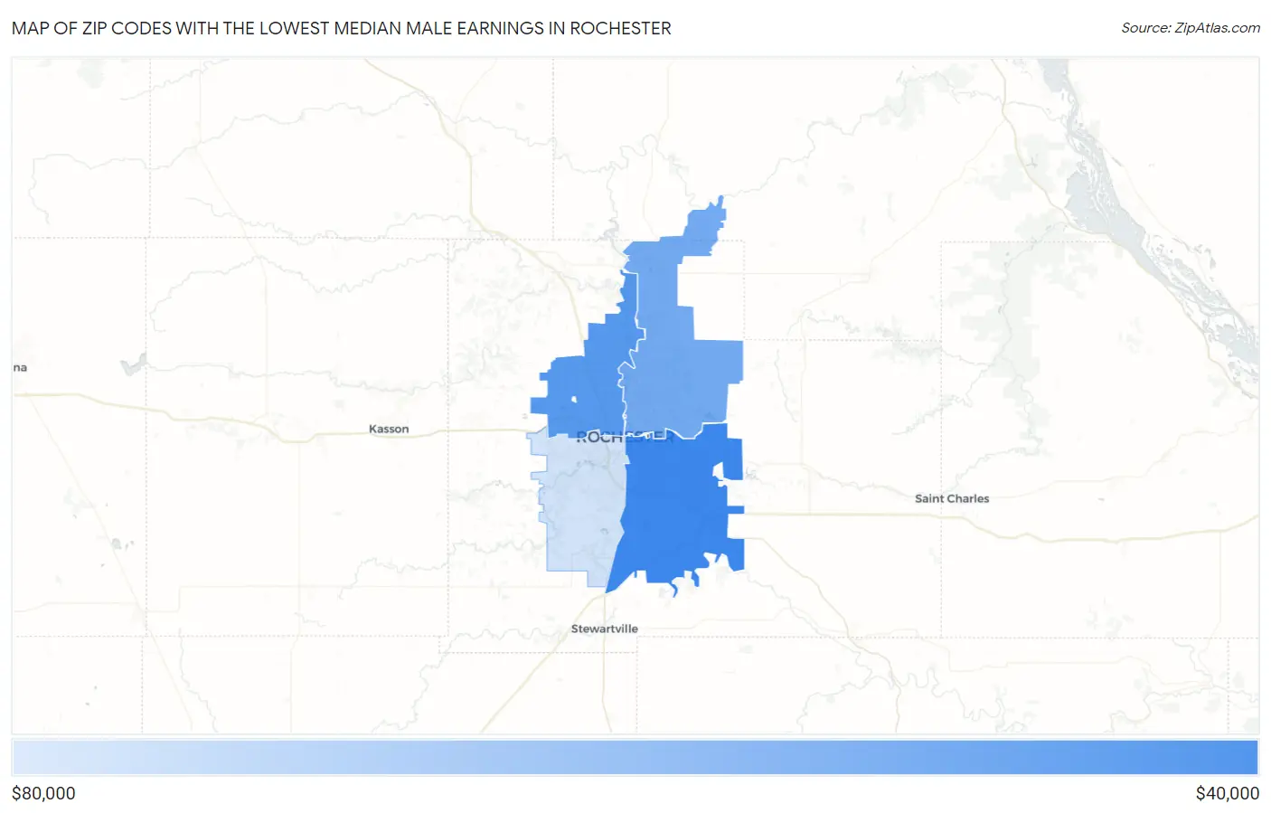 Zip Codes with the Lowest Median Male Earnings in Rochester Map