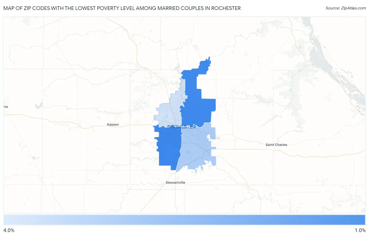 Zip Codes with the Lowest Poverty Level Among Married Couples in Rochester Map