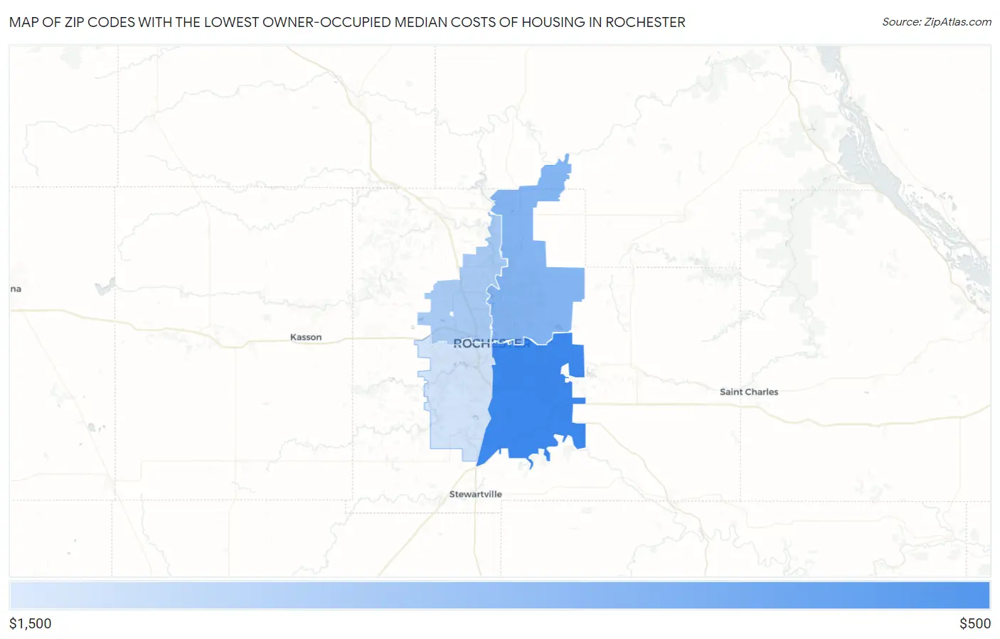 Zip Codes with the Lowest Owner-Occupied Median Costs of Housing in Rochester Map