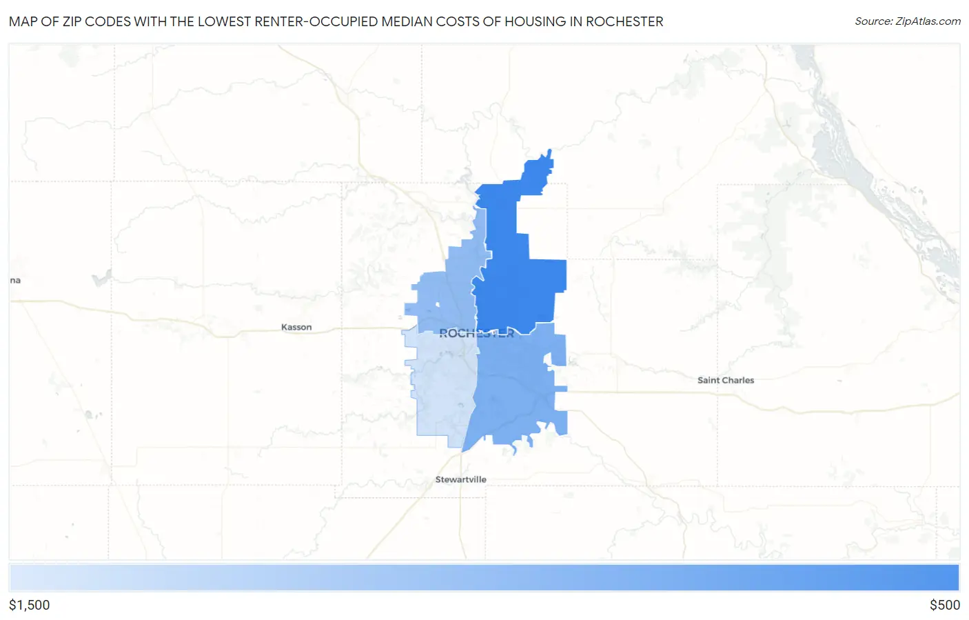 Zip Codes with the Lowest Renter-Occupied Median Costs of Housing in Rochester Map