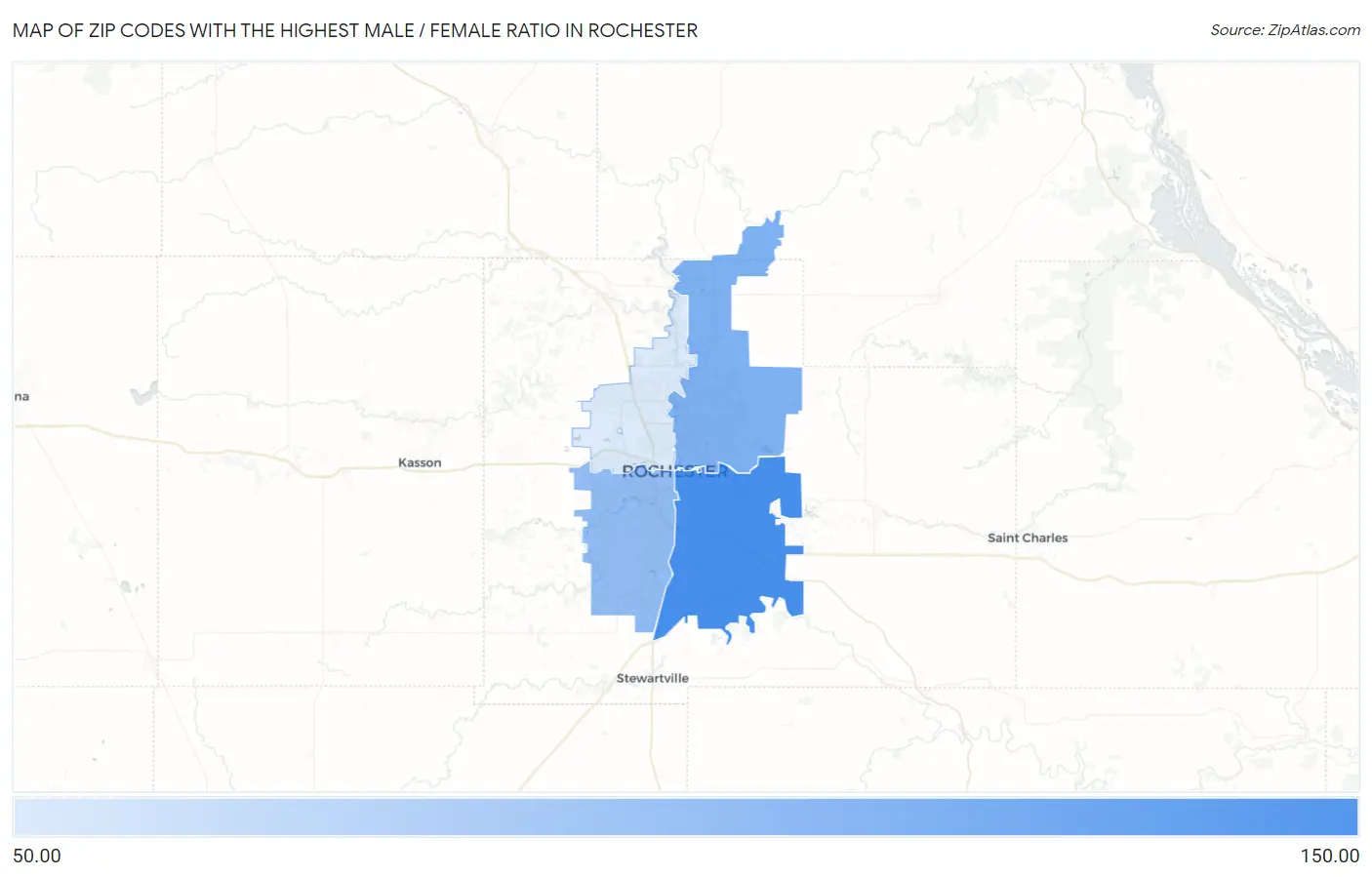 Zip Codes with the Highest Male / Female Ratio in Rochester Map